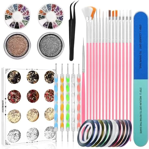 BUTBU 48 Piezas Kit de Accesorios Decoración Uñas Nail Art, Kit de Diseño de Arte de Uña, con Pinceles para Uñas Diamantes, Purpurina Polvo, Cintas Adhesivas Uñ-as, Lámina Flake, Lápiz de Punto etc