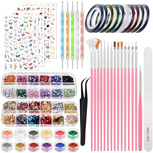 BUTBU 50 Piezas Kit de Accesorios Decoración Uñas Nail Art, Kit de Diseño de Arte de Uña, con Pinceles para Uñas Diamantes, Purpurina Polvo, Cintas Adhesivas Uñ-as, Lámina Flake, Lápiz de Punto etc