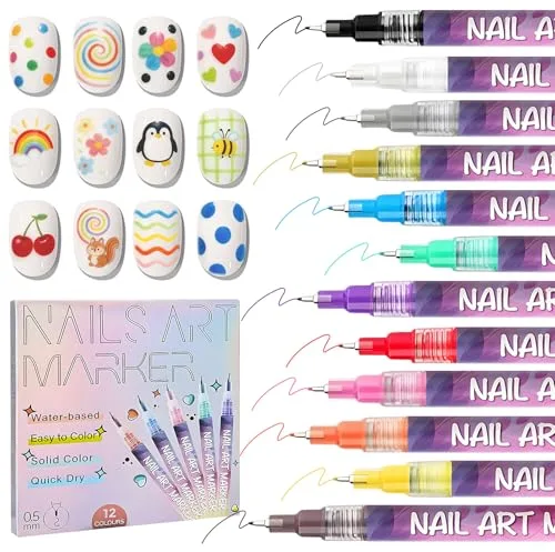 12 Colores Nail Art Marker Set, 3D Nail Art Pen, 0.5mm Nail Art Grafiti Pen Set, Colores Vibrantes, Impermeable y de Secado Rápido, Ideal para Grafitis, Puntillismo y Decoración de Uñas DIY