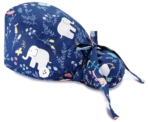 ZUWIJEQ Paquete de 1 Gorros de Trabajo con Estampado de Gorro, Gorros Quirofano, Gorro Quirofano Mujer, Gorro Ajustable de Absorción de Sudor con Botones para Pelo Largo, Elefante (azul oscuro)