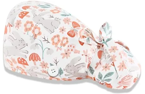 ZUWIJEQ Paquete de 1 Gorros de Trabajo con Estampado de Gorro, Gorros Quirofano, Gorro Quirofano Mujer, Gorro Ajustable de Absorción de Sudor con Botones para Pelo Largo, Conejo (blanco)
