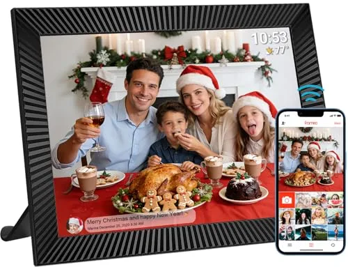Frameo Marco de fotos digital WiFi de 10,1 pulgadas, marco de fotos electrónico con 32 GB de memoria, pantalla táctil IPS de 1280 x 800, sensor de movimiento y rotación automática, intercambio