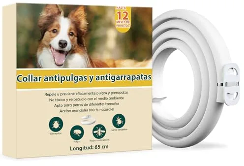 Collar Antiparasitario Perros, Protección Efectiva Collar Antipulgas Perros, Ajustable, 12 Meses de Eficacia Collar Antipulgas Perro de 65 cm para Perro Pequeños, Medianos y Grandes (65cm)