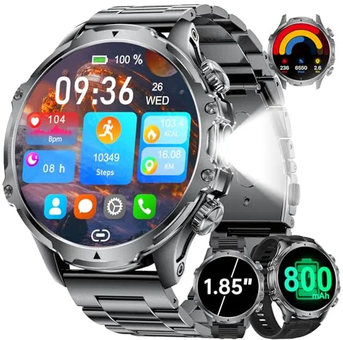 LIGE Reloj Inteligente Hombre Militar con Llamadas,800 mAh Smartwatch Hombre con 1,85" HD/5ATM Impermeable/LED Linterna/110+ Modos Deportivos/SpO2/Pulsómetro/Sueño/Pulsera Actividad Android iOS