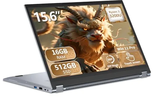 Ordenador Portátil 2 en 1, PC Portátil R3 3200U CPU, Win 11 Portatil 16 GB RAM 512 GB SSD, 15,6 Pulgadas Laptop Pantalla Táctil Giro de 360°, Radeon Graphics GPU, RJ45+TipoC+USB 3.0+Mini-HDMI+Webcam