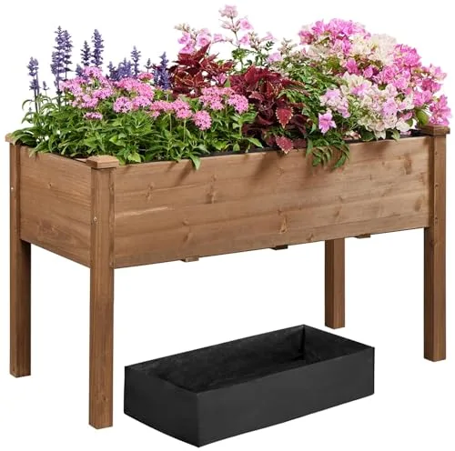 Yaheetech Huerto Urbano Macetero Rectangular Jardinera Madera de Pino con Soporte Estantería para Macetas Plantas Elevado para Cultivar Plantas Verduras Flores Hierbas 121 x 60 x 76 cm Marrón Oscuro