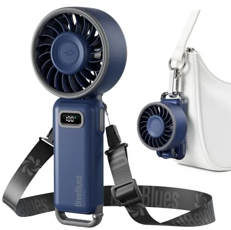 Diveblues Ventilador de Mano Turbo Portátil, 100 Velocidad, Flujo de Aire Potente de 7,4 m/s, Mini Ventilador Plegable 180° 4-en-1 para Mano, Cuello o Mesa, Recargable para Verano, Viajes y Exterior