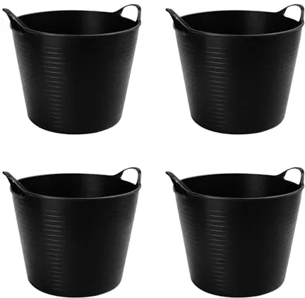 TUKA Pack de Capazos de Plástico 30 L – Profesional, Color Negro | Barreño, Cubeta Resistente Multiusos para albañilería, jardinería, Agricultura y hogar (4, Negro)
