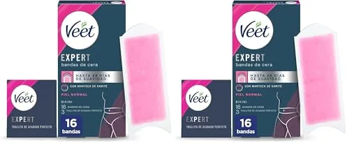 Veet Expert Bandas de Cera Fría Depilatoria para Depilación de Ingles, Área del Bikini, con Manteca de Karité, 16 tiras (Paquete de 2)