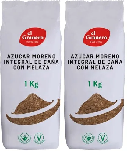 El Granero Integral - Azúcar Moreno Integral - 1 kg - Elaborado con Melaza de Caña - Rico en Vitaminas y Minerales - Ideal para Bebidas y Repostería - Apto para Veganos (Paquete de 2)