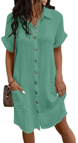 Joligiao Vestido de Verano Mujer Vestidos Manga Corta Cuello V de Lino Algodón con Botones Vestido Camisero Escote en V Mini Vestido Corte A Rectos Sueltos Casual Vestidos la Playa(Verde Claro,L)