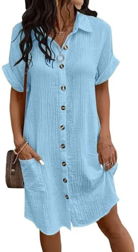 Joligiao Vestido de Verano Mujer Vestidos Manga Corta Cuello V de Lino Algodón con Botones Vestido Camisero Escote en V Mini Vestido Corte A Rectos Sueltos Casual Vestidos la Playa(Azul,S)