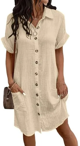 Joligiao Vestido de Verano Mujer Vestidos Manga Corta Cuello V de Lino Algodón con Botones Vestido Camisero Escote en V Mini Vestido Corte A Rectos Sueltos Casual Vestidos la Playa(Caqui,XL)