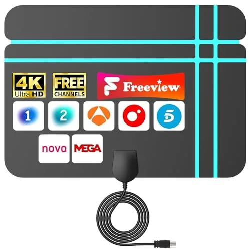 2026 Antena de TV Interior- Alcance Extremo de 360+ Millas para Canales 4K/1080p, Capta Señales VHF/UHF con 360° de Cobertura, Compatible con Todos los TVs, Cable 5m, Instalación Sencilla