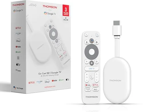 Thomson Go Cast 152 Dongle de Streaming, 4K UHD Google TV, Control por Voz, Google Cast, Dolby Atmos, Dolby Digital+, HDR10, Portátil, 2 GB RAM, 32 GB Memoria – Blanco