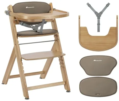 Bebeconfort Timba 2 with Cushion, Evolutive Wooden Highchair, 6+ Months, Up to 110 kg, Ergonomic Baby High Chair, Fits Most Dining Tables, Removable Tray, Natural Wood + Beige