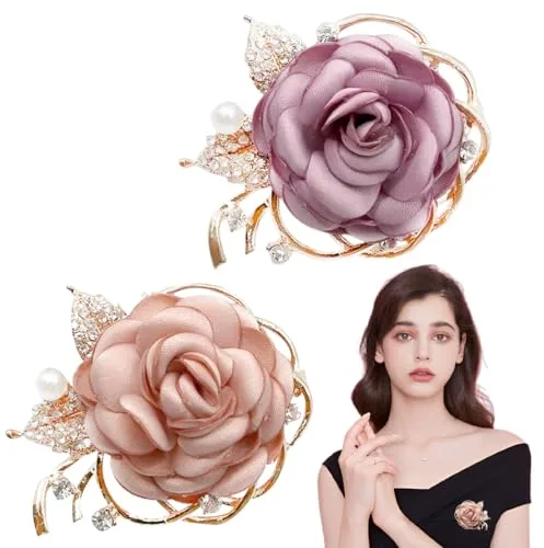 ZENQARI Broches para ropa mujer, 2 pieza broche de flor de rosa, Pines Invisibles de Botón sin Coser, pinza para el pelo, hecho a mano, de flor, adecuado para boda, fiesta, baile