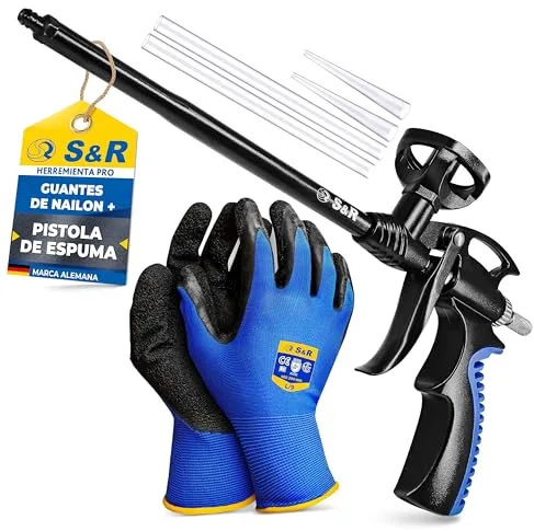 S&R Pistola Espuma Poliuretano 330mm Profesional PTFE – Pistola para Espuma PU Antiadherente de Metal – Dosificación Precisa – Rosca M12 + Guantes de Trabajo Incluidos (Professional Foam Gun)