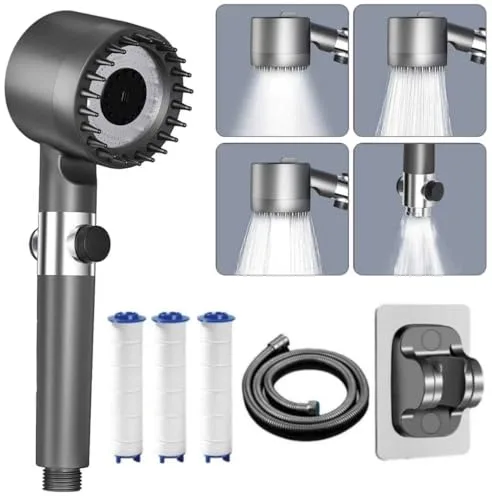 Alcachofa de Ducha de Alta Presión,Incluye manguera de1,5metros y soporte,4 modos, Alcachofa de ducha economizadora con filtro y botón de OFF/ON, Ideal para Aguas Duras y Limpieza del Baño,Grey