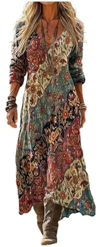 Vestido Largo Mujer Verano Lino Algodón Cuello V Manga 3/4 Estilo Boho Hippie Vintage Estampado Étnico Geométrico Vestidos Playeros Sueltos Casual Tallas Grandes Elegante Fiesta Noche