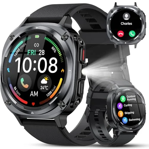 Reloj Inteligente Hombre Militar, 1.45" HD Smartwatch Hombre con Llamadas BT 5.3, 114+ Modos Deportivos, Monitor de Sueño/Podómetro/Pulsómetro, IP68 Impermeable Pulsera Actividad para Android iOS