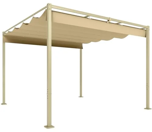 Outsunny Pérgola con Techo Retráctil Pérgola de 3x3 m Cenador de Pared o Independiente con Cierre Magnético Protección UV30+ Pabellón para Jardín Patio Terraza Exterior Caqui