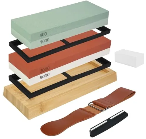 Piedra de Afilar para Cuchillos 8 en 1 – Grano 400/1000 & 3000/8000, Afilador Manual con Base Antideslizante de Bambú, Guía de Ángulo y Correa de Cuero, Piedra Doble Cara, Ideal para Cuchillos