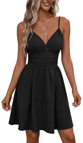 SCHOOLMOON Vestidos Verano Mujer Sin Mangas Cuello En V Tirantes Color Sólido Vestidos Corto Playa hasta La Rodilla Elegantes Minivestido(Negro,S)