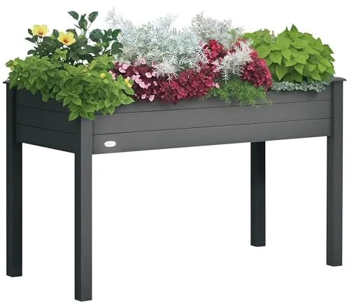 Outsunny Huerto Urbano Elevado de Madera, Mesa de Cultivo con Tela no Tejida y 4 Orificios de Drenaje, para Cultivo, Plantas, Flores y Verduras, 122,5x56,5x76 cm, Gris Oscuro