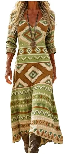 Vestido Largo Mujer Estilo Boho con Estampado Étnico Geométrico, Cuello en V Manga Larga de Lino y Algodón, Vestido Playero Casual Elegante para Diario y Viajes, Ropa Suave Holgada Vintage