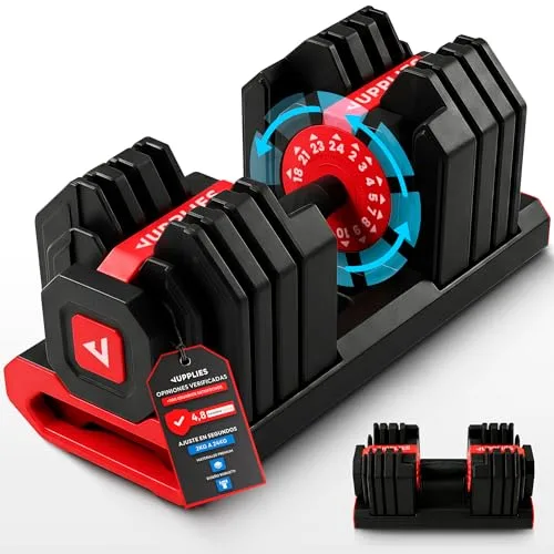 JUPPLIES Mancuerna Ajustable Hasta 24 kg – Pesas Regulables 15 Niveles 2–24 kg con Ajuste Rápido, Bloqueo de Seguridad y Base Antideslizante, Ideal para Entrenamiento en Casa o Gimnasio (1 unidad)
