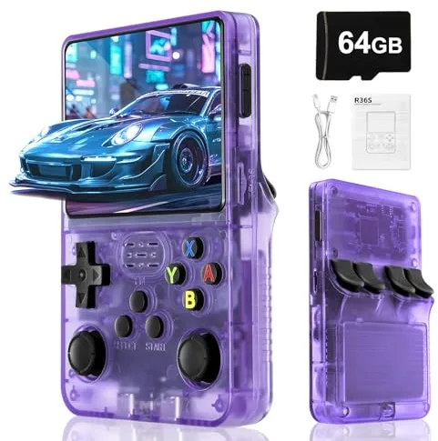 Rbic Consola de Videojuegos Retro R36S-3000 mAhBatería,Pantalla HD de 3,5 Pulgadas,Tarjeta TFde 64GB,Sistema operativo Linux de código Abierto, más de 20000 Videojuegos clásicos-Morado