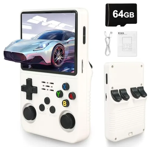 Rbic Consola de Videojuegos Retro R36S-3000 mAhBatería,Pantalla HD de 3,5 Pulgadas,Tarjeta TFde 64GB,Sistema operativo Linux de código Abierto, más de 20000 Videojuegos clásicos-Blanco