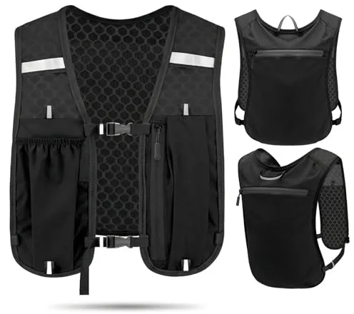 Chaleco de Hidratación para Running, Mochila Trail Ultraligera con Bolsillo para Móvil y Correas Reflectantes, Unisex para Hombre y Mujer, Deportes al Aire Libre (Negro)