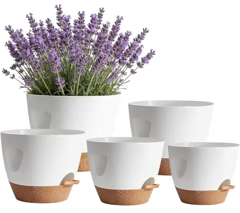 Shinybox 5 Piezas Maceta de Interior con Drenaje, 17.8/16.5/15.2/13.9/12.7cm Macetas de Auto-Riego, Macetas de Plástico con Asa, Macetas de con Forma de Flor para Interior para Decoración(Blanco)