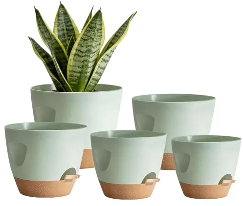 Shinybox 5 Piezas Maceta de Interior con Drenaje, 17.8/16.5/15.2/13.9/12.7cm Macetas de Auto-Riego, Macetas de Plástico con Asa, Macetas de con Forma de Flor para Interior para Decoración(Verde)