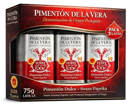 Pimentón de la Vera Ahumado Dulce, Denominación Origen Protegida, Pimentón Yuste 1557, Producido en Extremadura, Ideal para guisos, carnes, salsas, embutidos y platos tradicionales, 3 botes de 75 gr