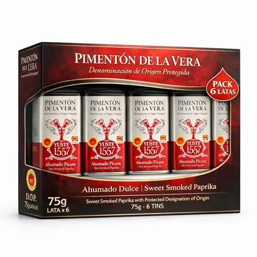 Pimentón de la Vera Ahumado Dulce, Denominación Origen Protegida, Pimentón Yuste 1557, Producido en Extremadura, Ideal para guisos, carnes, salsas, embutidos y platos tradicionales, 6 botes de 75 gr