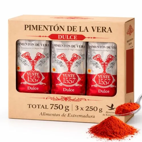 Pimentón de la Vera Ahumado Dulce, Denominación Origen Protegida, Pimentón Yuste 1557, Producido en Extremadura, Ideal para guisos, carnes, salsas y platos tradicionales, 3 bolsas de 250 gr