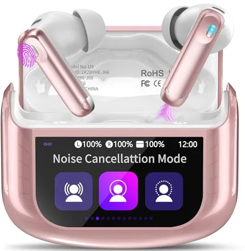 Auriculares Inalambricos Bluetooth, 48H Auriculares Bluetooth 5.4 con Pantalla Táctil LED, 4 Mic con Reducción de Ruido ANC+ENC, HiFi Estéreo Cascos Inalambricos con IP7 Impermeable/5 Modos EQ Rosa