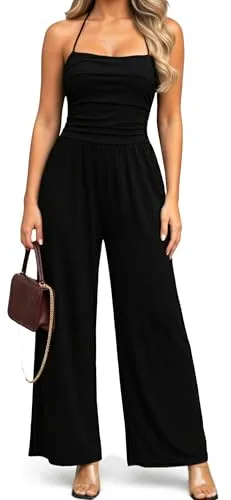 Naveent Overol Casual de Verano para Mujer Mono Mujer Largo sin Mangas Tirantes Delgados Elegante Pantalones Largos de Pierna Ancha Salir Negro, S