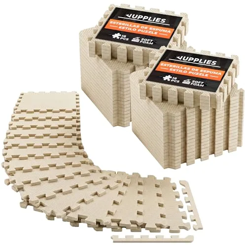 JUPPLIES - Suelo Gimnasio Set 36 Piezas 30x30x1cm - Esterilla Puzzle Fitness de Goma para Suelo - Alfombra Protectora para Gimnasio en Casa - Tatami en Puzzle (Beige)