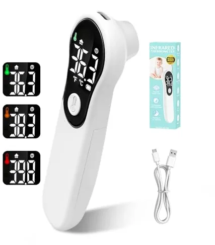 Termómetro Digital para Bebés y Adultos, Infrarrojo sin Contacto de Frente, con Alerta de Fiebre, Pantalla LCD, Recargable USB y Lectura Instantánea en 1s
