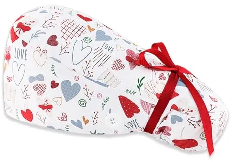 ZUWIJEQ Paquete de 1 Gorros de Trabajo con Estampado de Gorro, Gorros Quirofano, Gorro Quirofano Mujer, Gorros Cocina Mujer, Gorro Ajustable de Absorción de Sudor con Botones para Pelo Largo (Corazón)