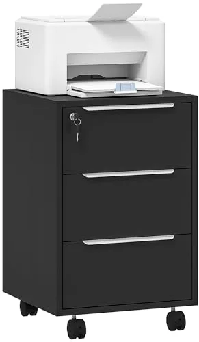 HOMCOM Cajonera de Escritorio con 3 Cajones, Cajonera de Oficina con Ruedas, Cerradura y 2 Llaves, Archivador Móvil para Estudio, Salón, 40x40x63,5 cm, Negro
