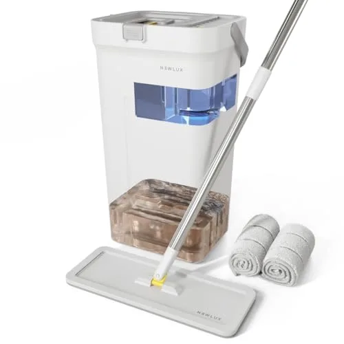 NEWLUX - Mopa Fregona con Cubo Escurridor Twin V120, Separación de Agua Limpia y Sucia, Diseño Que Ahorra Agua, Manejo con una Sola Mano, Almacenamiento Compacto, Mango 3 Alturas, 2 Mopas Microfibra