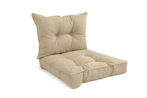 POKAR Set de 2 Cojines para Silla de Exterior: Asiento 50x50x10 + Respaldo 50x40x10 cm | Impermeable y Repelente al Agua | Cojines para Muebles de Jardín, Terraza y Ratán | Made in EU | Beige