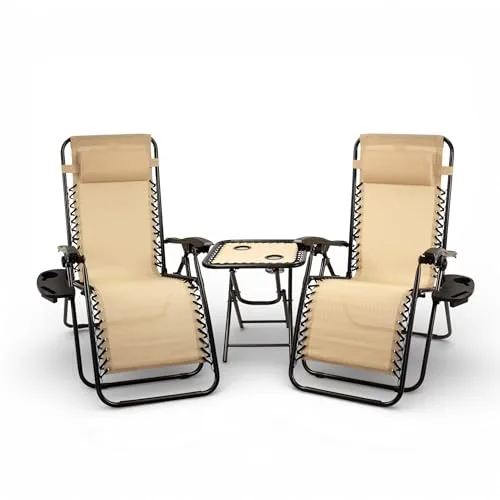 Pincho Tumbona Jardin Exterior Plegable de Gravedad Cero - Pack 2 Sillas Reclinables o Hamacas para Playa, Terraza y Camping con Portavasos, Ligeras y Cómodas (Beige con Mesa Plegable)