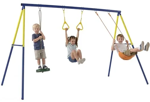AIYAPLAY Columpio Infantil 3 en 1, Columpio para Niños Clásico, de Pie, Aros de Gimnasia, Carga 150 kg, para Interior, Exterior, para Niños de 3 a 8 Años, Multicolor