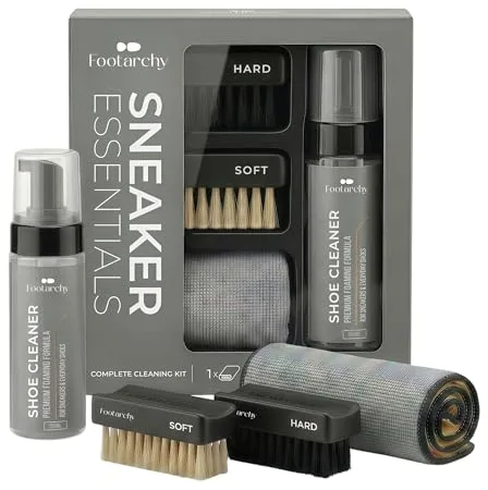 Footarchy Kit Limpieza Zapatillas Profesional - Espuma 150ml con 2 Cepillos (Soft y Hard) y Microfibra Doble Cara, Ideal para Cuero Goma Plastico y Suelas - Limpiador Zapatos sin agua